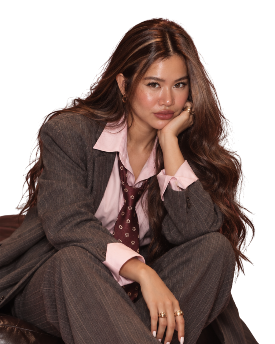 Steph in a tailored charcoal suit